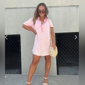 Pink Frayed Hem Shirt Dress